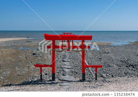 Red torii gates at Oouo Shrine by Ariake sea, Tara, Saga, Japan Red torii gates at Oouo Shrine by Ariake sea, Tara, Saga, Japan 135238474