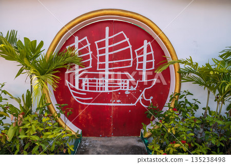 barque painting on red Chinese temple door, Kantang, Trang barque painting on red Chinese temple door, Kantang, Trang 135238498