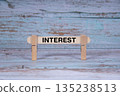 Interest symbol. Single Wooden stick squeezed by Clothespins, Grungy blue Wooden Texture Background. Business and Interest concept with copy space 135238513