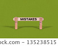 Mistakes symbol. Wooden stick anchored by Clothespins, Cool Green Background. Business and Mistakes concept with copy space 135238515