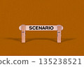 Scenario symbol. Wooden stick tightened by Clothespins, beautiful Orange color Backdrop. Business and Scenario concept with copy space 135238521