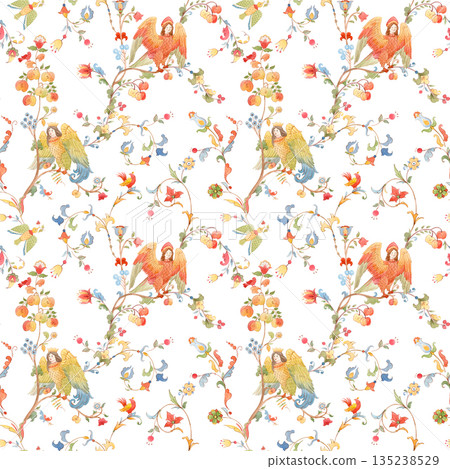 Whimsical Slavic mythology seamless pattern featuring the Alkonost, a legendary bird with a human face from Russian folklore. Vintage fairytale illustration with ornate branches and floral motifs 135238529