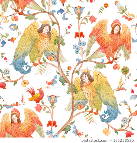 Whimsical Slavic mythology seamless pattern featuring the Alkonost, a legendary bird with a human face from Russian folklore. Vintage fairytale illustration with ornate branches and floral motifs Whimsical Slavic mythology seamless pattern featuring the Alkonost, a legendary bird with a human face from Russian folklore. Vintage fairytale illustration with ornate branches and floral motifs 135238530