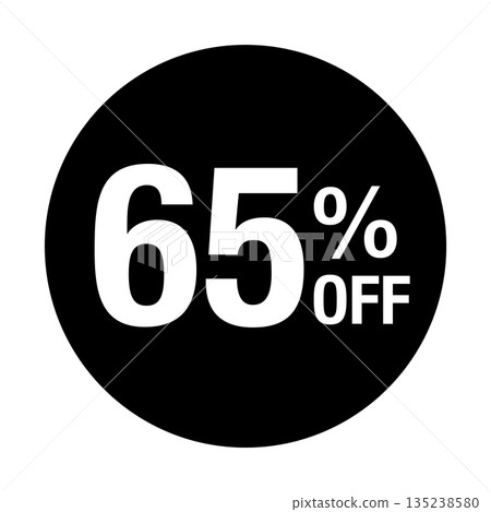 "65% OFF" text mark, circular, transparent background, monochrome 135238580