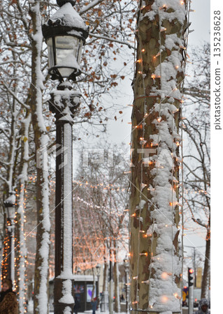 January 7, 2026: Heavy snow on the Champs-Élysées in Paris. Snow-covered street trees and illuminations. January 7, 2026: Heavy snow on the Champs-Élysées in Paris. Snow-covered street trees and illuminations. 135238628