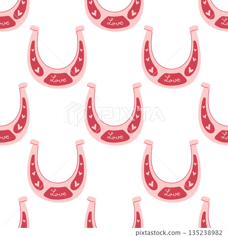 A seamless pattern with cute pink horseshoe with doodle hearts. Valentine's day print for horse riders. Wallpaper, background, notebook cover template 135238982