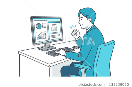 一幅商業插圖，描繪了一位男士在辦公桌前工作，對數據分析結果感到滿意。 135239050