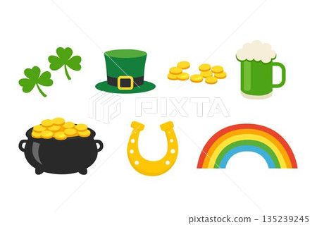 St. Patrick Day Flat Vector Icons Set with Shamrock, Leprechaun Hat, Pot of Gold and Rainbow 135239245