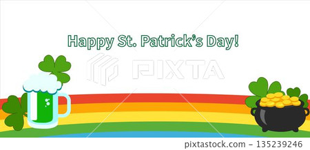 St. Patricks Day banner in a flat vector style, featuring cheerful leprechaun, shamrocks, and gold coins. 135239246