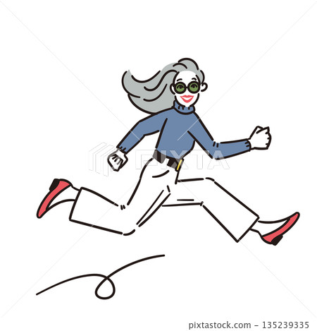 一位活力四射的老年女性輕快奔跑的插圖 135239335