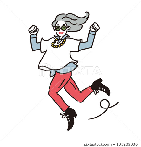 一位時尚活躍的老年女性活力四射地跳躍的插圖 135239336