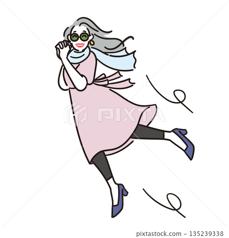 Illustration of a stylish senior woman moving lightly in a dress Illustration of a stylish senior woman moving lightly in a dress 135239338