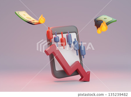 3D Smartphone with Bearish Stock Market Crash Graph and Burning Falling Banknotes 3D Smartphone with Bearish Stock Market Crash Graph and Burning Falling Banknotes 135239482