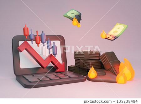 3D Laptop with Bearish Stock Market Downtrend Graph and Burning Money Ash in Background 135239484