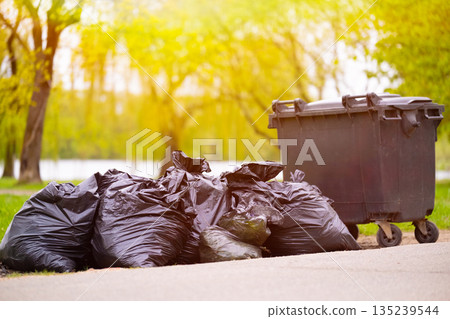 A container in a city park and a lot of black garbage bags around. High quality photo A container in a city park and a lot of black garbage bags around. High quality photo 135239544