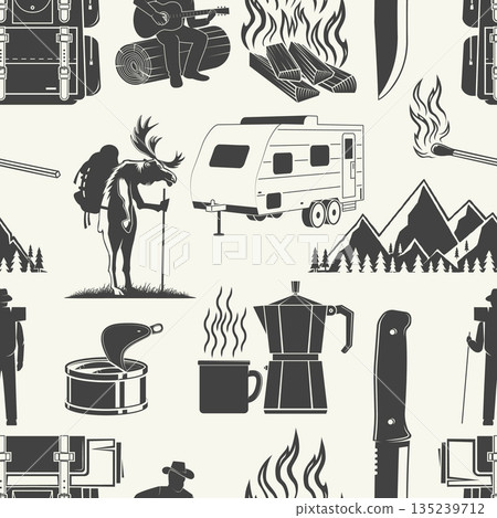 Camping Adventure seamless background with Outdoor Elements. Vector. Background, wallpapers with camping and outdoor adventure icons, including mountains, elk with backpack, backpack, mug, coffee 135239712