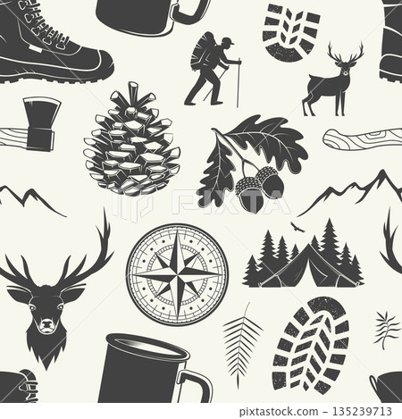 Camping Adventure seamless background with Outdoor Elements. Vector. Background, wallpapers with camping and outdoor adventure icons, including mountains, elk, tent, mug, axe, hiker, tree, hiker boots 135239713