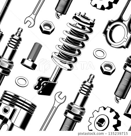 Auto parts seamless background. Vector. Background, wallpapers for a garage, car service, or fabric print. 135239715