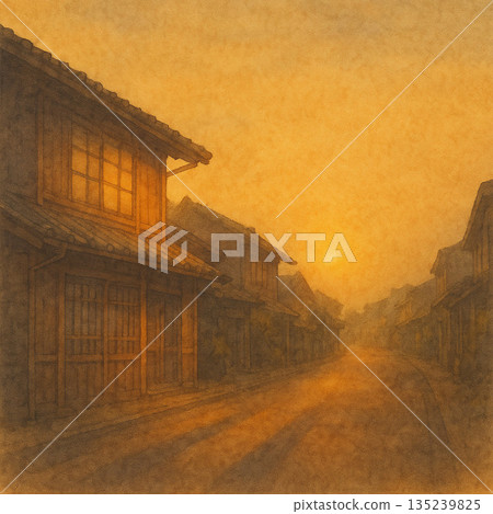 城市景觀系列：日式水彩背景，描繪了黃昏時分木屋林立、影子拉長的都市景象。 135239825