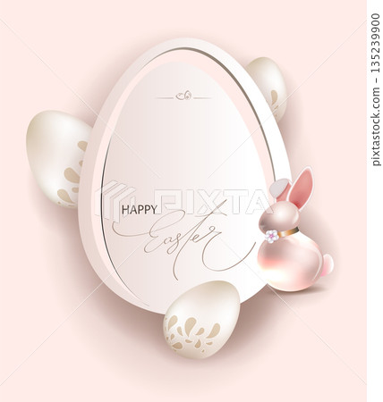 Happy Easter. Isolated design element featuring a bunny and exquisite painted beige eggs Happy Easter. Isolated design element featuring a bunny and exquisite painted beige eggs 135239900