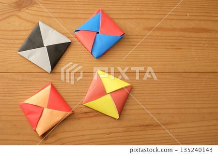 Menko folded by elementary school students using origami paper Menko folded by elementary school students using origami paper 135240143