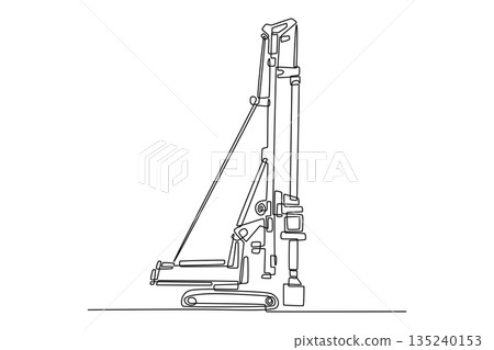 Single one line drawing specialized piling rig used for deep foundation work. Vertical power and complex hydraulic structural components. Modern continuous line draw design graphic vector illustration Single one line drawing specialized piling rig used for deep foundation work. Vertical power and complex hydraulic structural components. Modern continuous line draw design graphic vector illustration 135240153