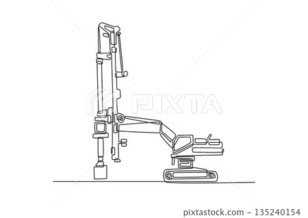 Single one line drawing rotary drilling rig construction vehicle featuring the tall vertical mast and crawler tracks in industrial style. Modern continuous line draw design graphic vector illustration Single one line drawing rotary drilling rig construction vehicle featuring the tall vertical mast and crawler tracks in industrial style. Modern continuous line draw design graphic vector illustration 135240154