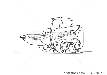 Continuous one line drawing compact skid steer loader, mechanical structure, front bucket in minimalist style perfect for industrial design project. Single line draw design vector graphic illustration Continuous one line drawing compact skid steer loader, mechanical structure, front bucket in minimalist style perfect for industrial design project. Single line draw design vector graphic illustration 135240159