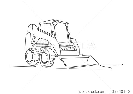 Continuous one line drawing skid steer loader, sturdy front loader bucket used for versatile site cleanup and material handling on building project. Single line draw design vector graphic illustration 135240160