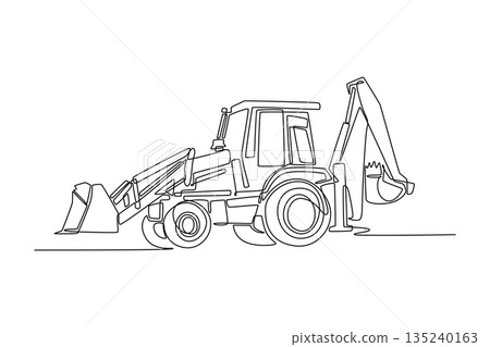 Continuous one line drawing industrial backhoe loader, mechanical power of digging arm, front bucket in sophisticated professional industrial style. Single line draw design vector graphic illustration Continuous one line drawing industrial backhoe loader, mechanical power of digging arm, front bucket in sophisticated professional industrial style. Single line draw design vector graphic illustration 135240163