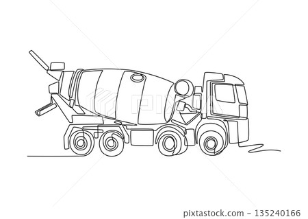 Single continuous line drawing heavy-duty concrete mixer truck in motion, rotating drum and the powerful chassis of vital construction vehicle. Dynamic one line draw graphic design vector illustration 135240166