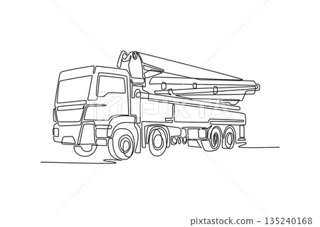 Single continuous line drawing articulated concrete pump truck with boom extended, flow and movement concrete placement on complex construction site. One line draw graphic design vector illustration 135240168