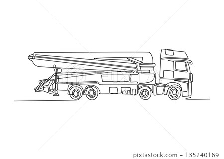 Single continuous line drawing concrete pump truck with its long articulated boom folded, unique automotive and industrial form for foundation pouring. One line draw graphic design vector illustration 135240169