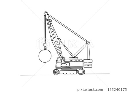 Single one line drawing classic demolition crane with a wrecking ball, highlights the movement and purpose of the heavy-duty machinery. Modern continuous line draw design graphic vector illustration 135240175