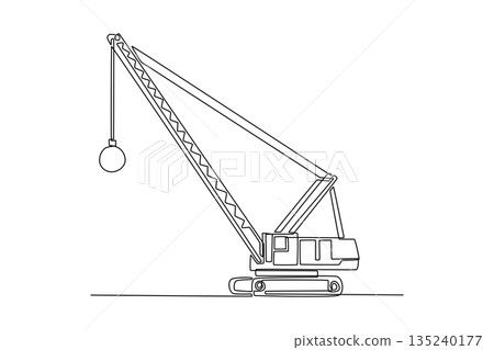 Single one line drawing demolition crane with wrecking ball seen from the side, emphasizing its industrial silhouette and function in a simple. Continuous line draw design graphic vector illustration 135240177