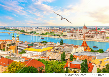 Aerial view of Parliament and Buda Churches with Danube river, summer panorama of Budapest, Hungary Aerial view of Parliament and Buda Churches with Danube river, summer panorama of Budapest, Hungary 135240245