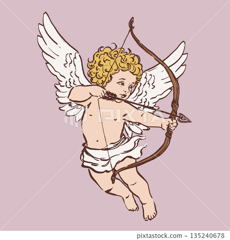 Colorful vector illustration of a cute Cupid angel with bow and arrow. Romantic love symbol perfect for Valentines Day cards, wedding designs, posters, invitations and festive decor. Colorful vector illustration of a cute Cupid angel with bow and arrow. Romantic love symbol perfect for Valentines Day cards, wedding designs, posters, invitations and festive decor. 135240678