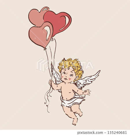 Colorful vector illustration of a cute Cupid angel with heart air balloon. Romantic love symbol perfect for Valentines Day cards, wedding designs, posters, invitations and festive decor. Colorful vector illustration of a cute Cupid angel with heart air balloon. Romantic love symbol perfect for Valentines Day cards, wedding designs, posters, invitations and festive decor. 135240681