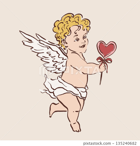 Colorful vector illustration of a cute Cupid angel with heart. Romantic love symbol perfect for Valentines Day cards, wedding designs, posters, invitations and festive decor. Colorful vector illustration of a cute Cupid angel with heart. Romantic love symbol perfect for Valentines Day cards, wedding designs, posters, invitations and festive decor. 135240682
