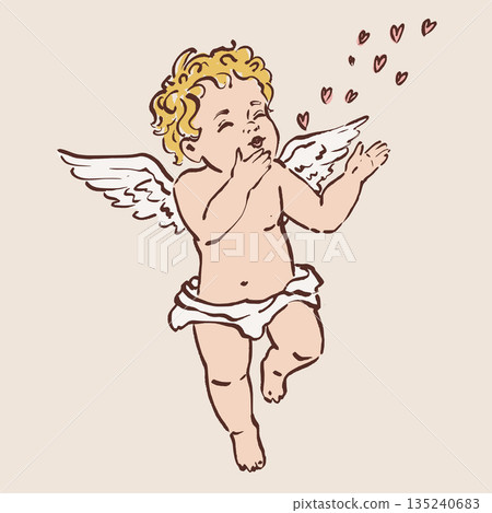 Colorful vector illustration of a cute Cupid angel with kiss of hearts. Romantic love symbol perfect for Valentines Day cards, wedding designs, posters, invitations and festive decor. 135240683