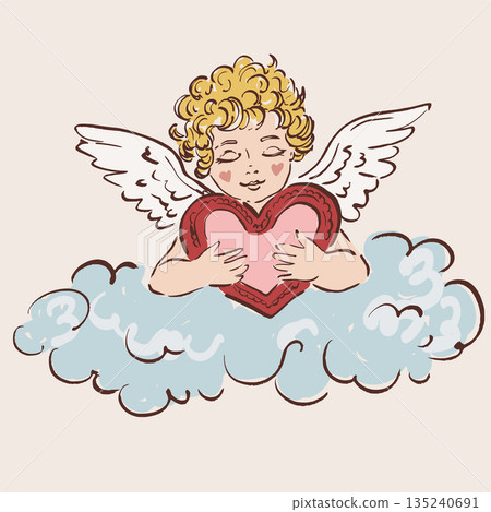 Colorful vector illustration of a cute Cupid angel with heart and cloud. Romantic love symbol perfect for Valentines Day cards, wedding designs, posters, invitations and festive decor. 135240691