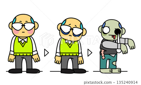 Illustration of a middle-aged man turning into a zombie due to work stress 135240914