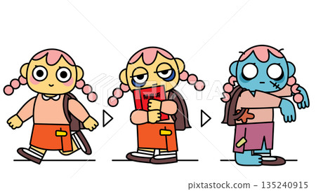 Illustration of a female student who becomes exhausted from studying and hard work and turns into a zombie 135240915