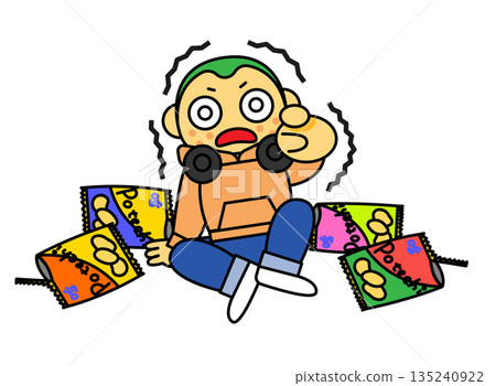一幅插圖，描繪了一個一臉茫然的年輕男子被糖果包圍的情景。 135240922