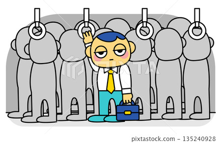 Illustration depicting the psychological state of a commuter who is crushed and exhausted on a crowded train 135240928