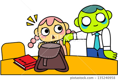 A terrifying illustration of a young woman being tapped on the shoulder by her zombie boss 135240958