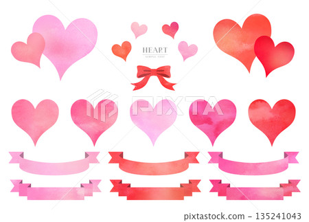 水彩心型和緞帶插畫素材套裝 135241043