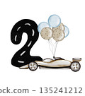 A watercolor racing car with a number card composition. Hand-drawn car template on a white background. Perfect for a racing-themed child's birthday party. 135241212
