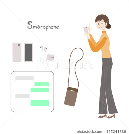 A woman operating a smartphone and a set of peripherals 135241886