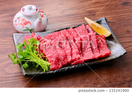 Note: This is raw, uncooked meat. Sliced yakiniku beef shoulder loin from domestic beef. 135241900